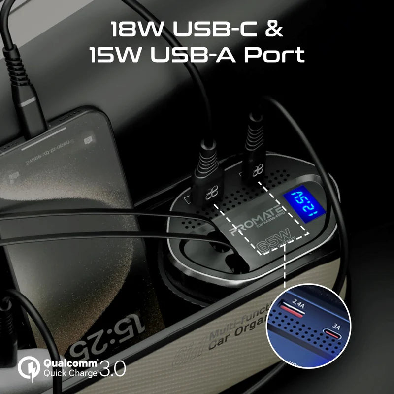 PROMATE Multi-Functional Car Organizer and Charging Station with Retractable Cables - 65W / USB-C & Lightning / Beige