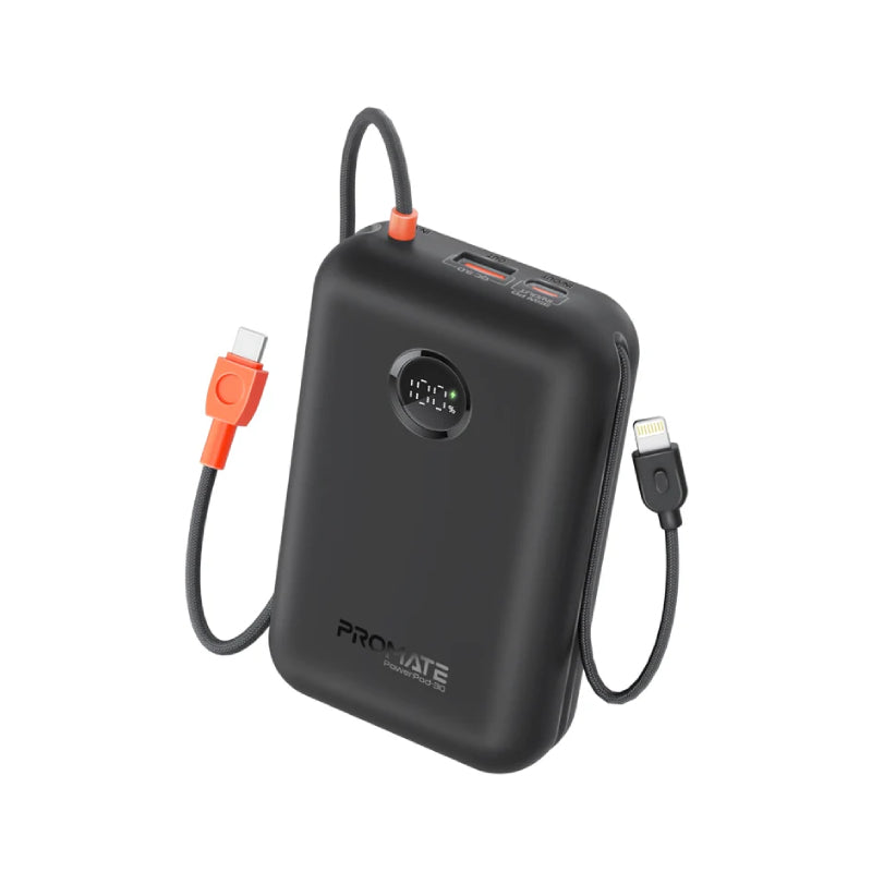 PROMATE PowerPod-30 Compact Power Bank with Built-In USB-C & Lightning Cable - 30000mAh / 35W / Black