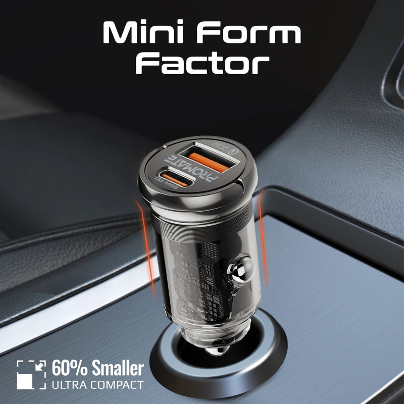 PROMATE RapidCharge Transparent Mini Car Charger with Power Delivery & QC 3.0 - 65W / USB-A / USB-C
