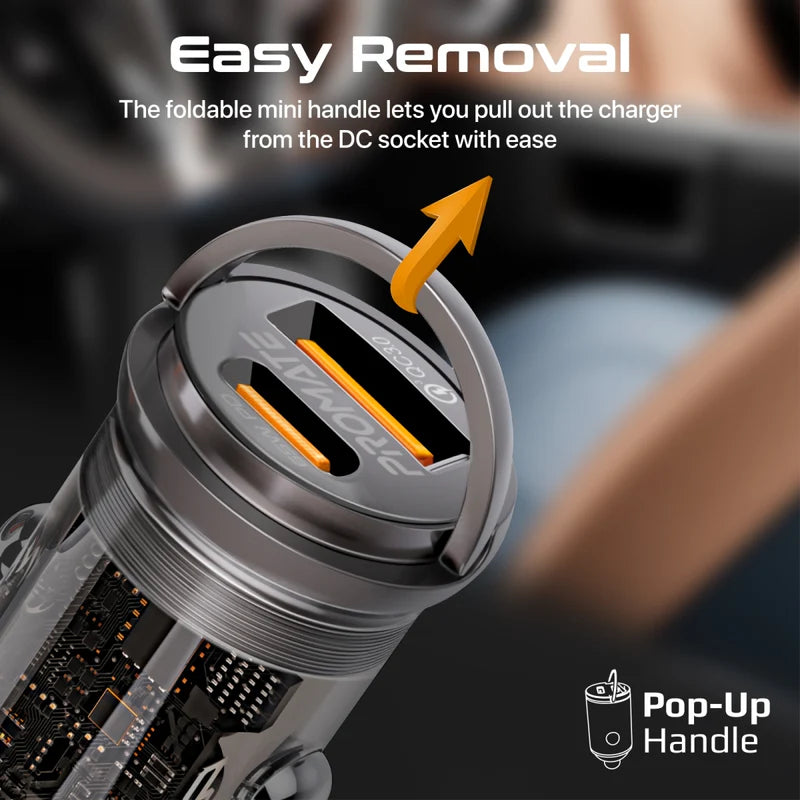PROMATE RapidCharge Transparent Mini Car Charger with Power Delivery & QC 3.0 - 65W / USB-A / USB-C