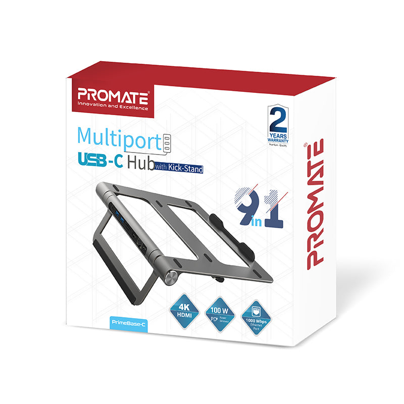 PROMATE Aluminum Laptop Stand with USB-C Hub - Silver