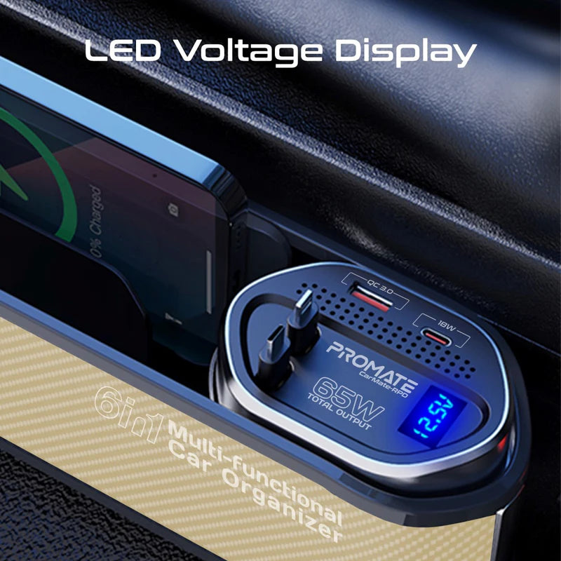 PROMATE Multi-Functional Car Organizer and Charging Station with Retractable Cables - 65W / USB-C & Lightning / Beige