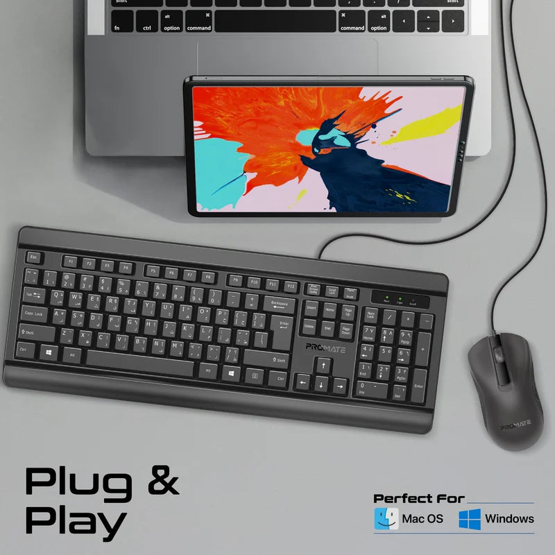 PROMATE Quiet Keys Wired Keyboard and 1200 DPI Mouse - Black