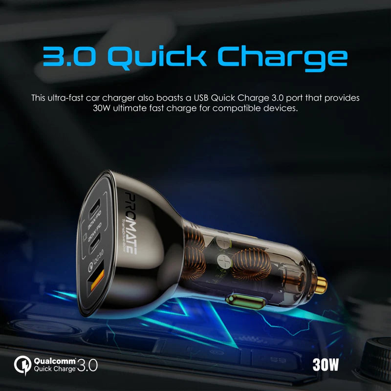 PROMATE Multi-Port Transparent Car Charger with QC 3.0 & Power Delivery - 80W / USB-A / USB-C