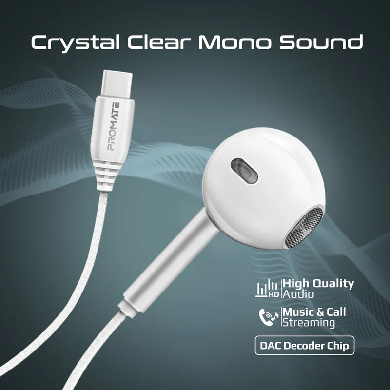 PROMATE Laxi-M High Fidelity USB-C ENC Mono Wired Earphone - Wired / USB-C / White