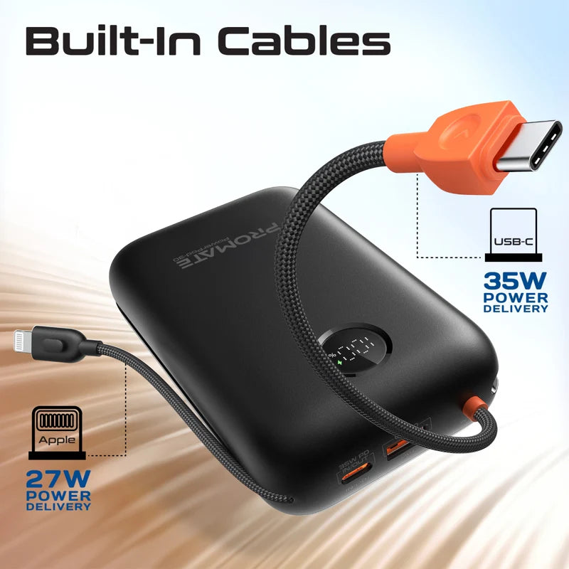PROMATE PowerPod-30 Compact Power Bank with Built-In USB-C & Lightning Cable - 30000mAh / 35W / Black