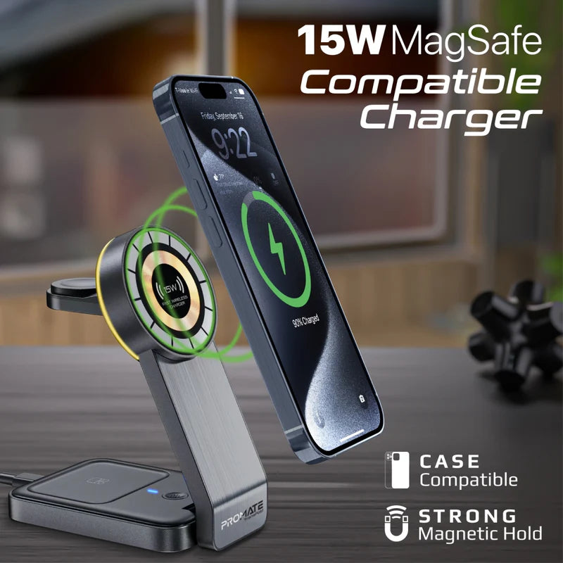 PROMATE 3-in-1 Foldable MagSafe Wireless Charging Station with Night Light - 15W