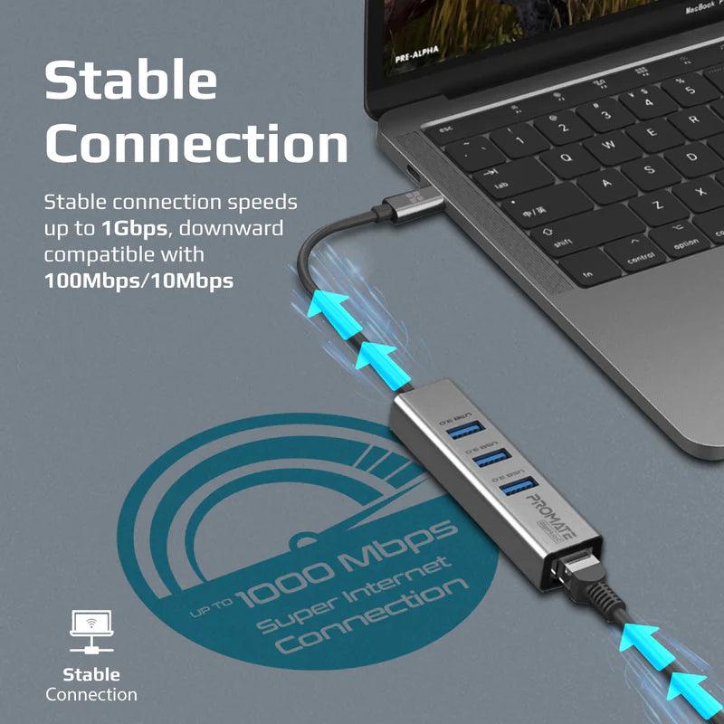 PROMATE Multi-Port USB-C Hub with Ethernet Adapter - 1000Mbps / Grey