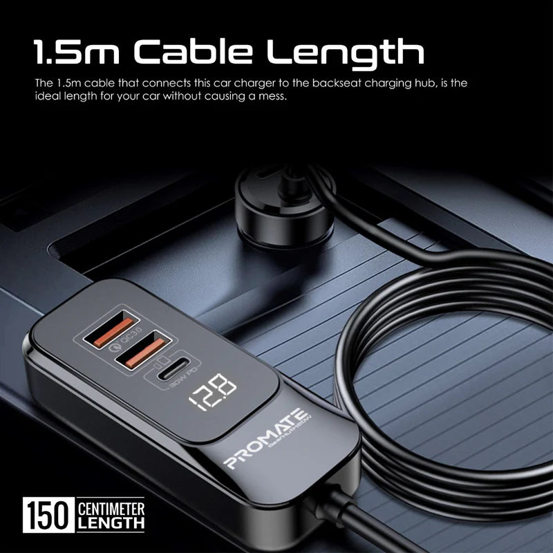 PROMATE RapidCharge Car Charger with Multi-Port Backseat Charging Hub - 120W / USB-A / USB-C