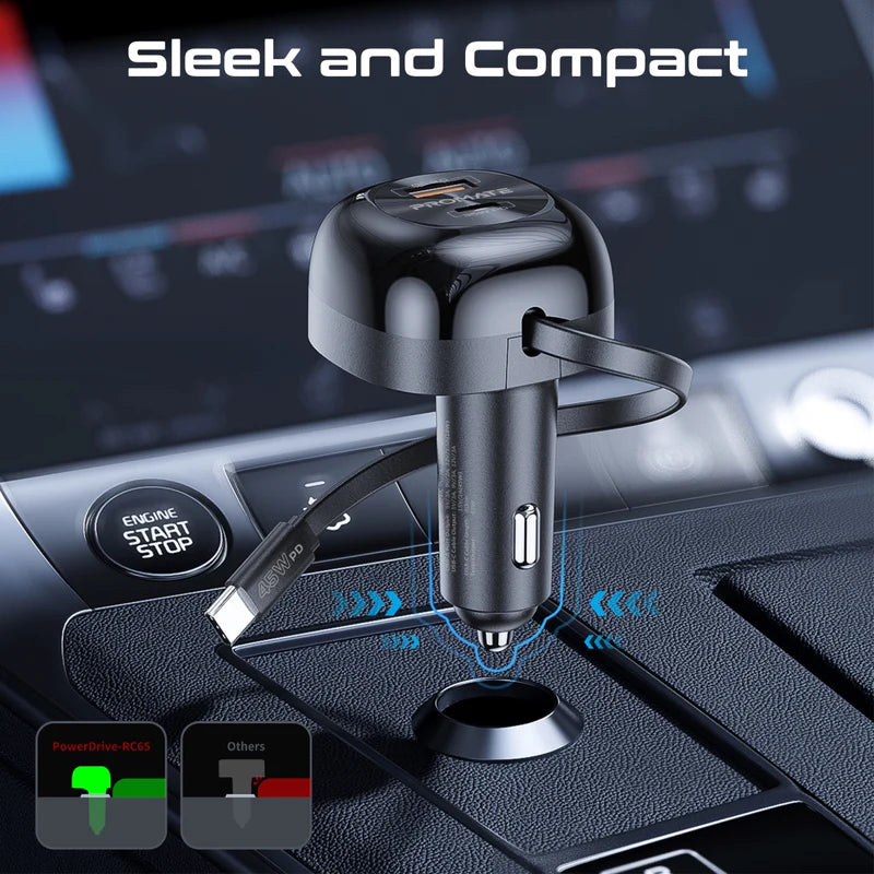 PROMATE Multi-Port Car Charger with Retractable USB-C Cable - 62W