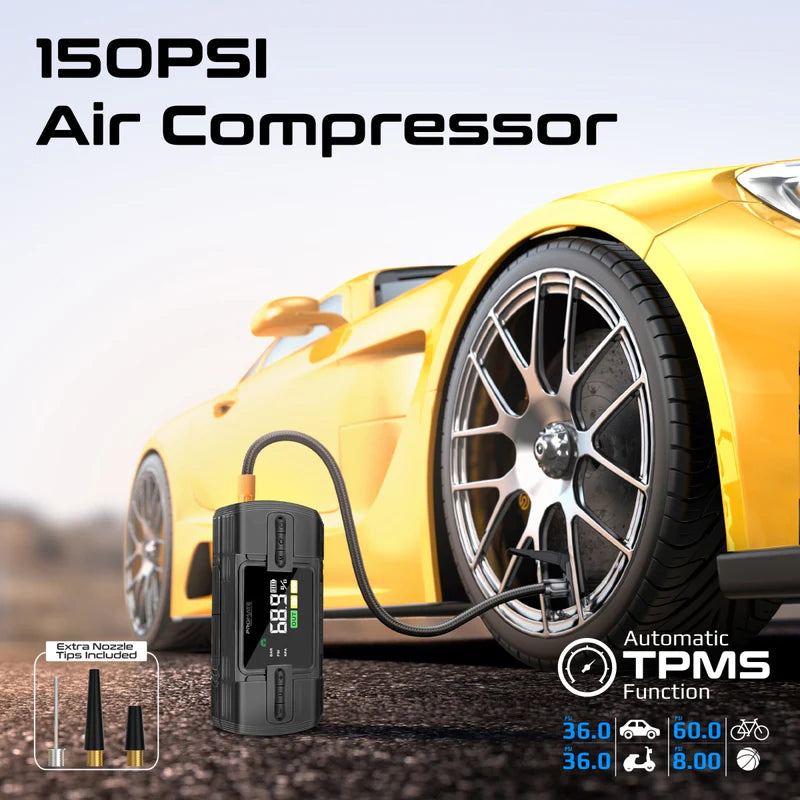 PROMATE High-Capacity Jump Starter 150PSI Air Compressor with 12000mAh Power bank & Flashlight