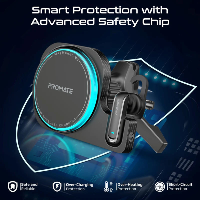 PROMATE 2-in-1 MagSafe Wireless Car Charger with Built-in Wireless Mono ENC Earphone - 15W