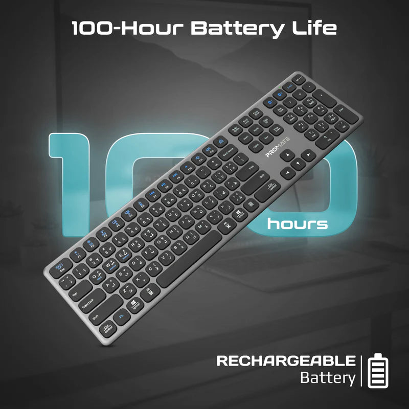 PROMATE Full-Size Triple-Mode Slim Wireless Keyboard w/ Scissor Keys & Multi-Device Connectivity (Bluetooth)