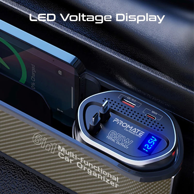 PROMATE Multi-Functional Car Organizer and Charging Station with Retractable Cables - 65W / USB-C & Lightning / Brown