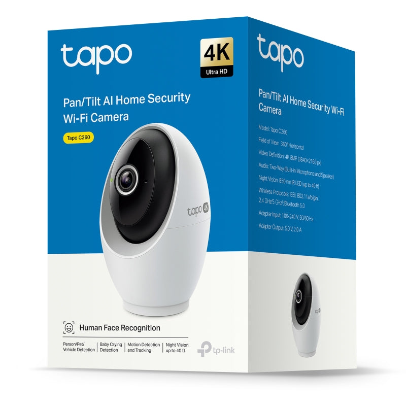 TP-Link Tapo C260 Pan/Tilt AI Home Security Wi-Fi Camera - 4K 8MP / Up to 20 fps / Two-Way Audio / AI Detection / Night Vision