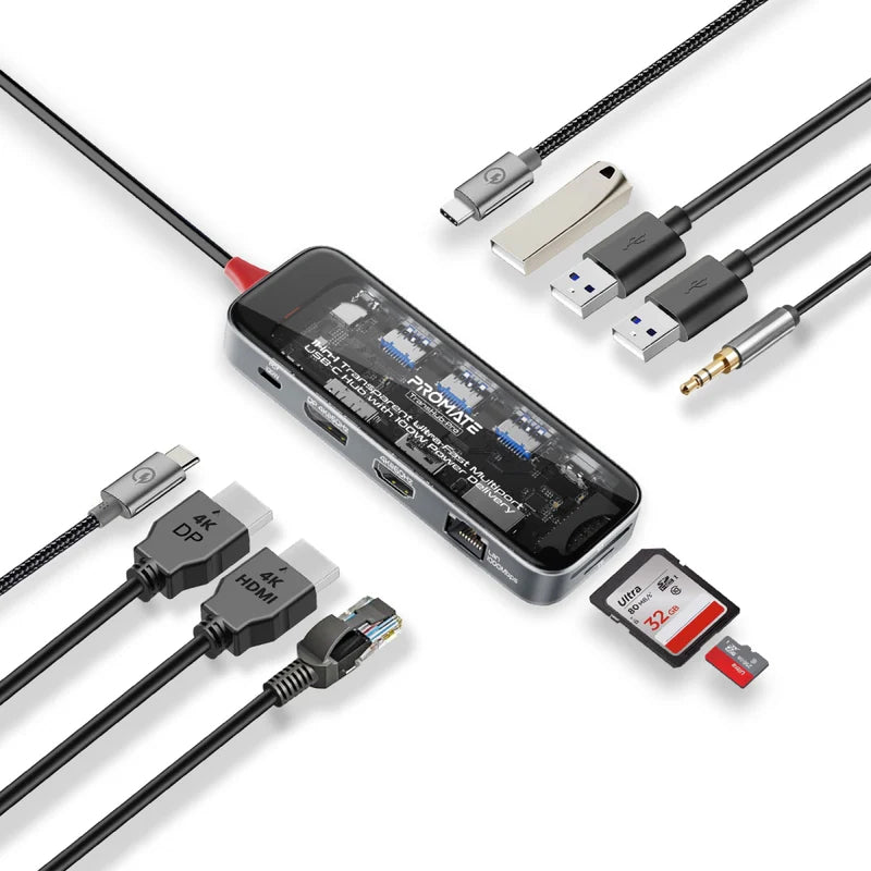 PROMATE 11-in-1 Transparent USB-C Hub - USB-C / HDMI / USB 3.0