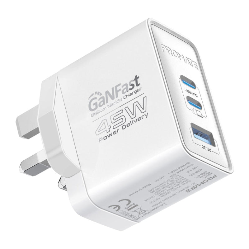 PROMATE PowerPort-45 Power Delivery GaNFast Charger - 45W / USB-C / USB-A / White