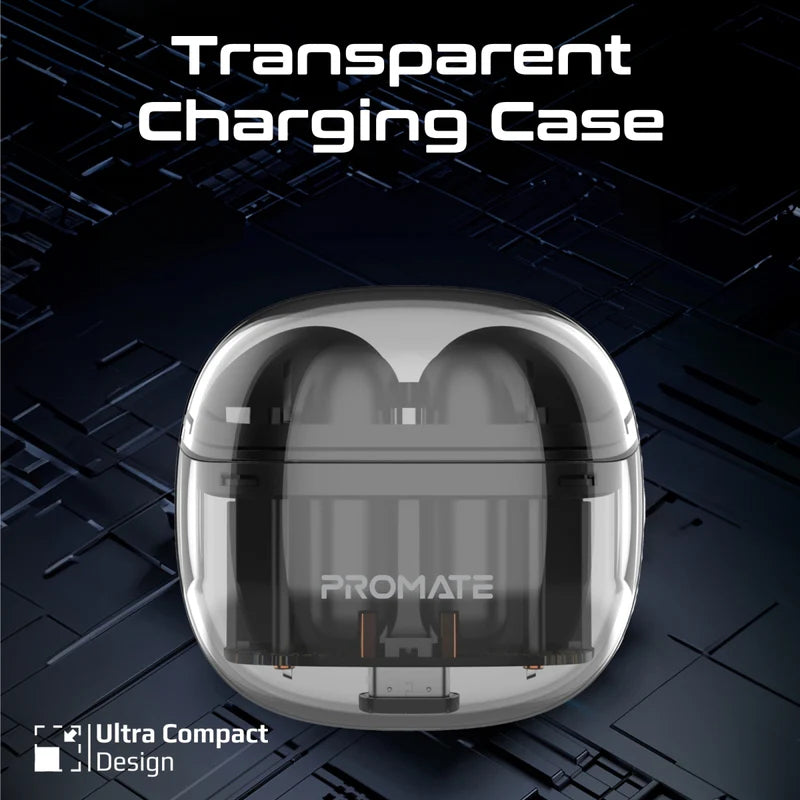 PROMATE TransPods High Definition Transparent TWS Earbuds with IntelliTouch - Bluetooth / 350mAh / Black