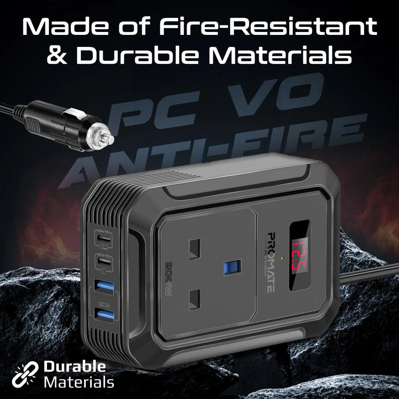 PROMATE Multi-Port DC to AC Power Inverter with 200W AC Socket