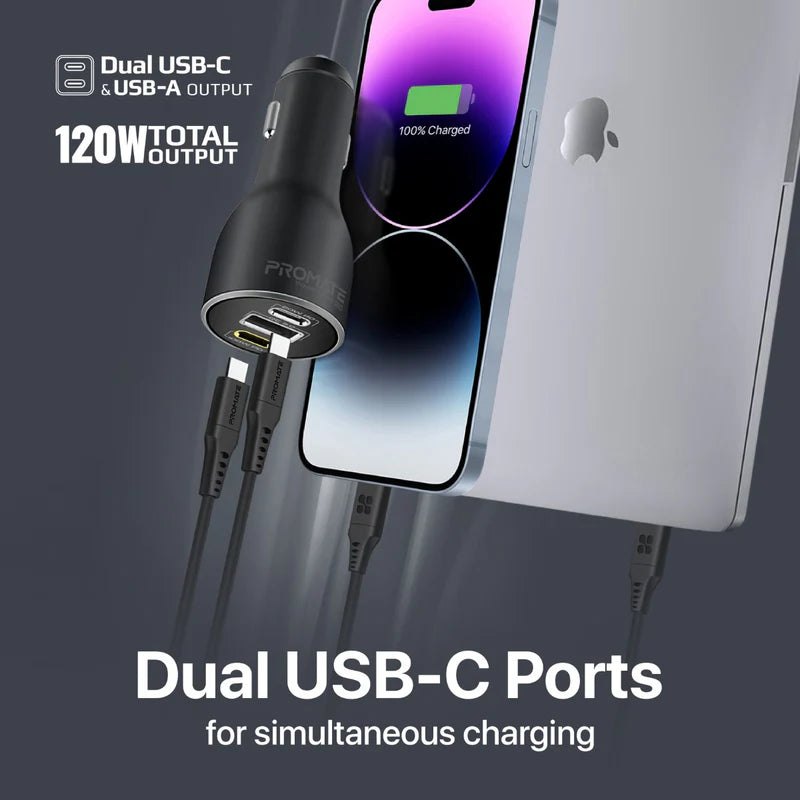 PROMATE RapidCharge Car Charger with Dual Power - 120W / USB-A / USB-C