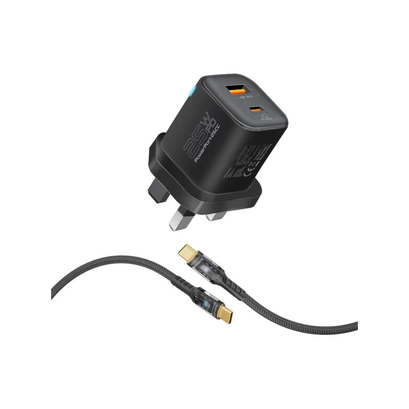 PROMATE Power Delivery Dual Port Adapter Combo with 60W USB-C Cable - USB-C / Black