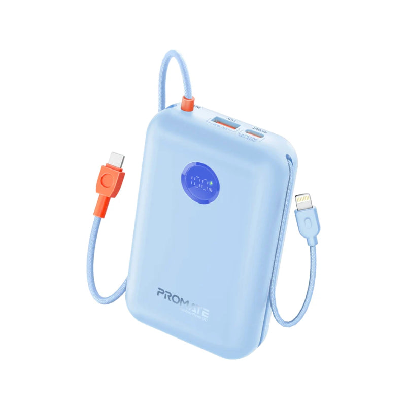 PROMATE PowerPod-30 Compact Power Bank with Built-In USB-C & Lightning Cable - 30000mAh / 35W / Blue