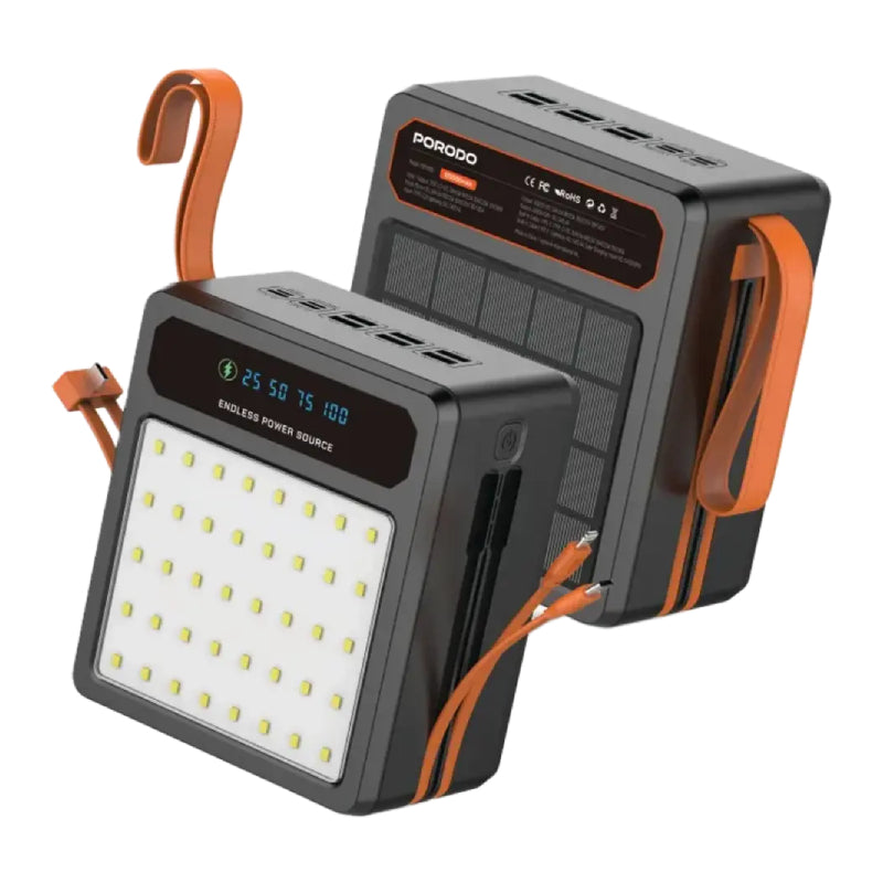 Porodo Larousse Solar Power Bank with LED Light and Built-in Cables - 120000mAh / 22.5W / USB-A / USB-C / Black