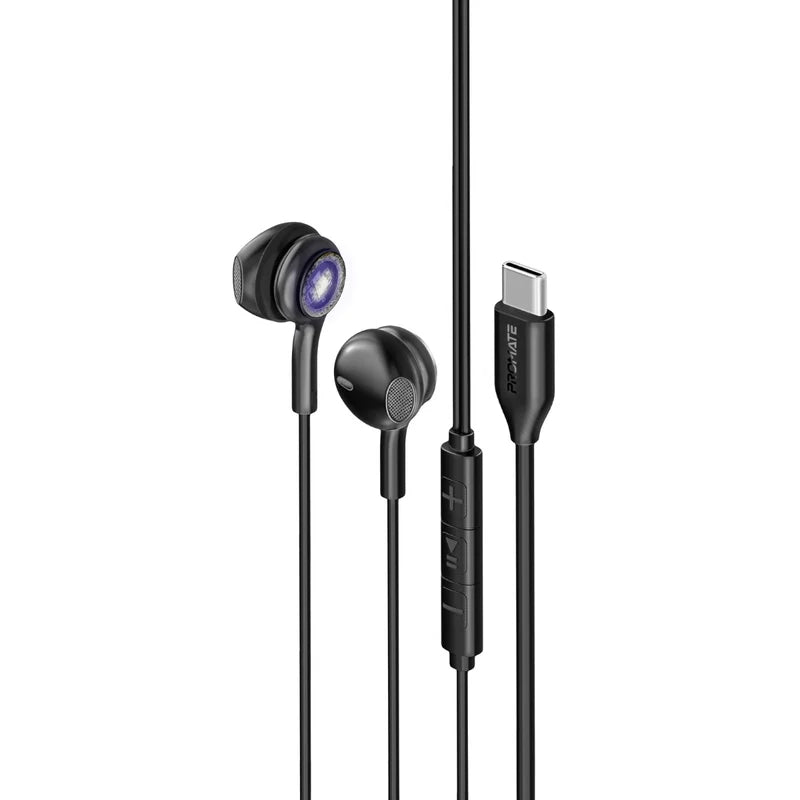 PROMATE LumiBuds-C LumiSound Transparent Stereo USB-C Wired RGB Earphones - Wired / USB-C / Black