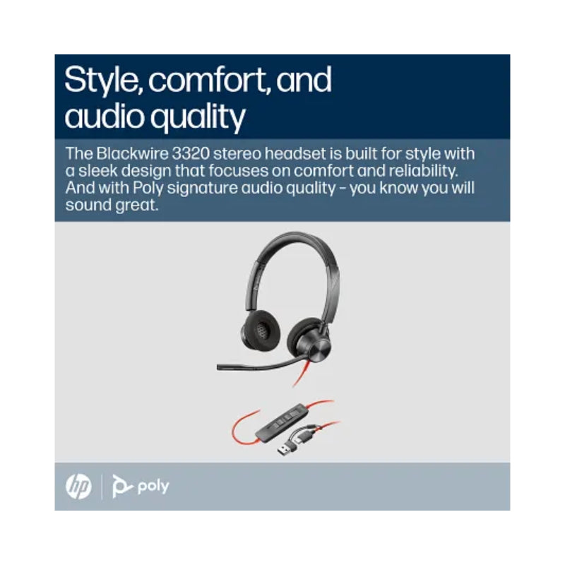 HP Poly Blackwire 3320 Stereo USB-C Headset - On-Ear / USB-C/A Adapter / (Microsoft Teams Certified) / 2YW