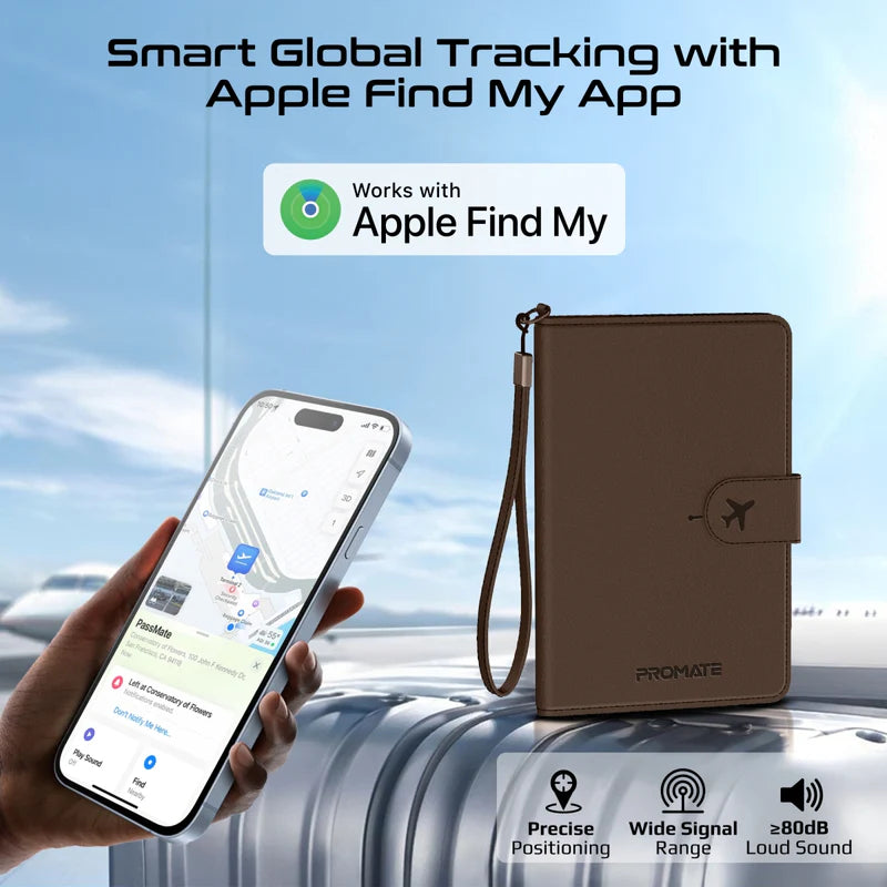 PROMATE Anti-Loss Slim Leather Passport Holder with RFID Protection & Smart Tracking - Brown
