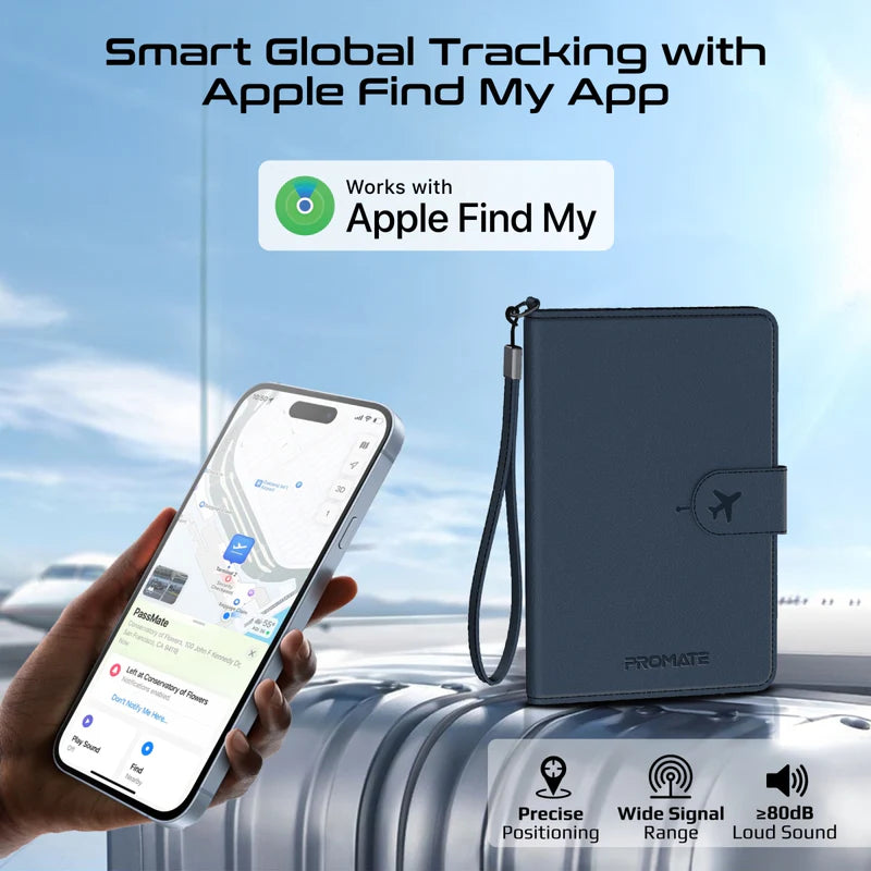 PROMATE Anti-Loss Slim Leather Passport Holder with RFID Protection & Smart Tracking - Blue