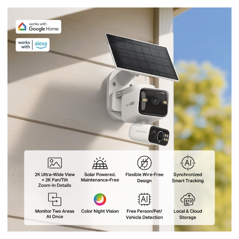 TP-Link Tapo C645D KIT Solar-Powered Dual-Lens Pan/Tilt Security Camera Kit - 2K 3MP / Up to 15fps / Two-Way / AI Detection / Night Vision