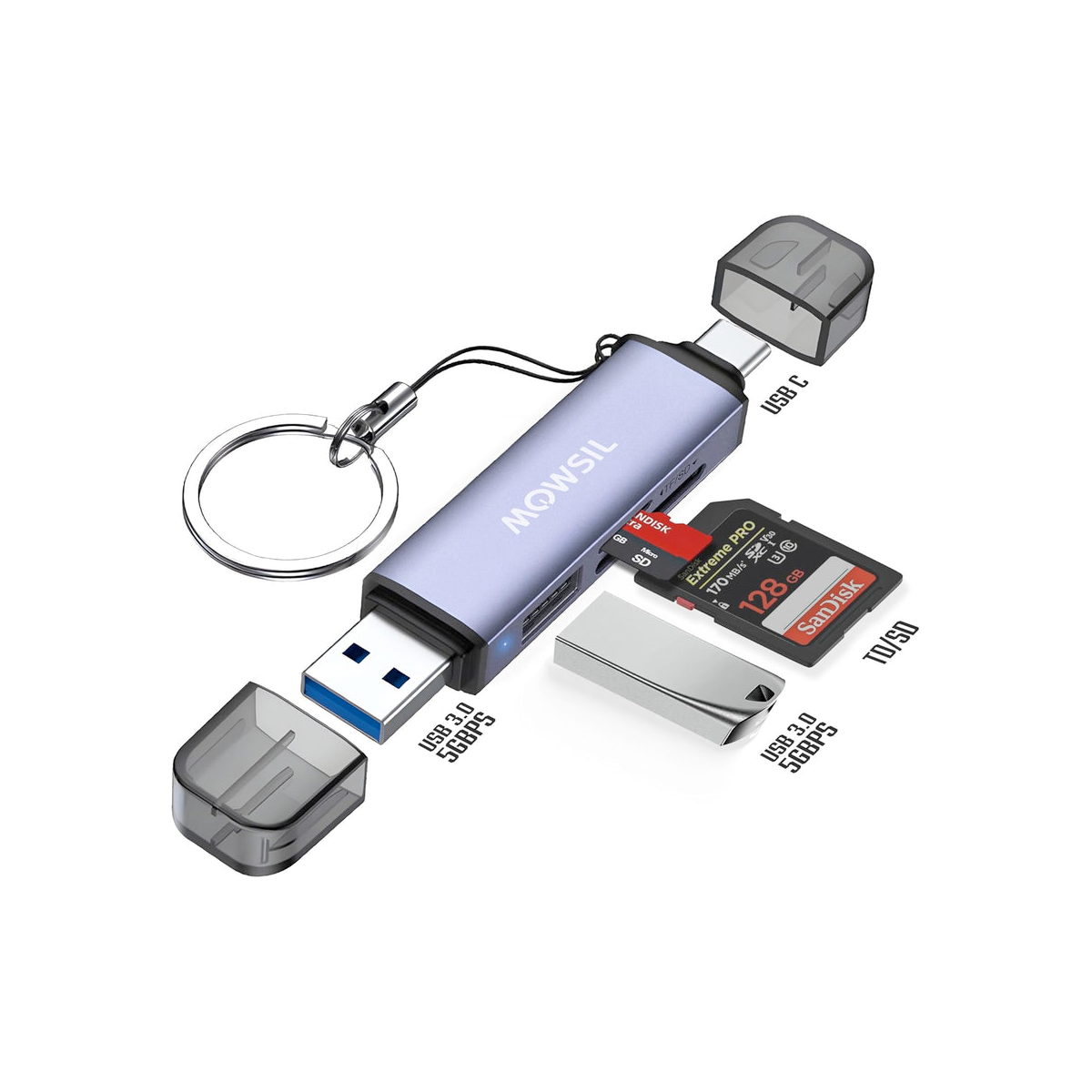Mowsil 3-in-1 SD Card Reader - USB 3.0 / USB-C OTG / 5Gbps / Blue