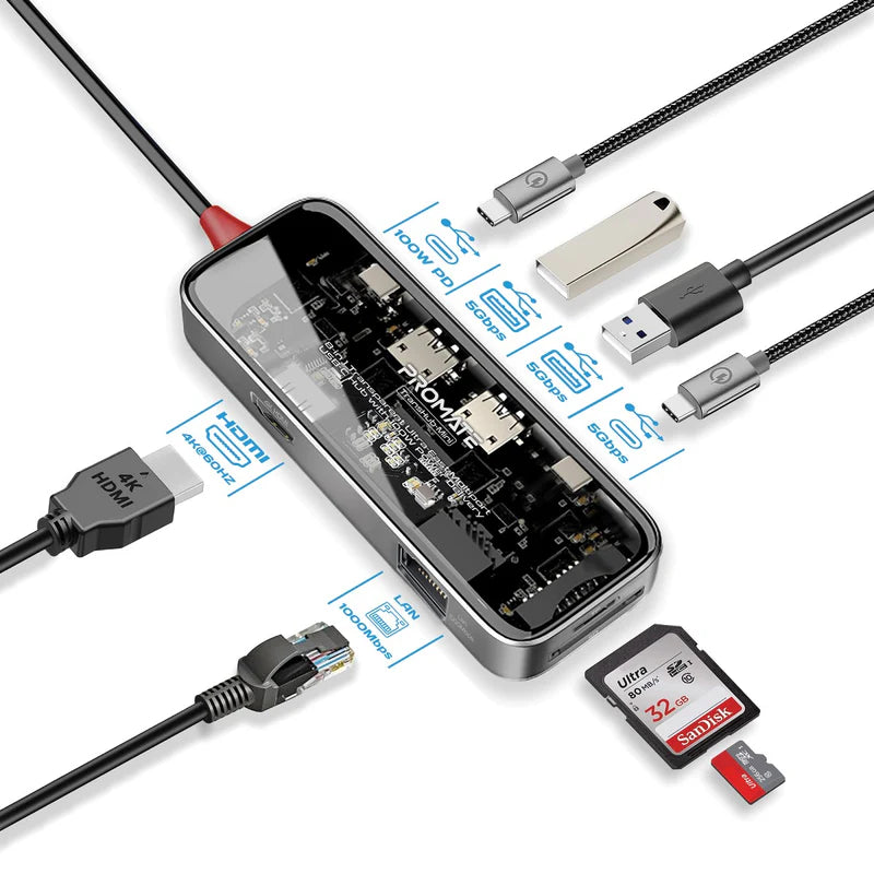 PROMATE 8-in-1 Transparent USB-C Hub - USB-C / HDMI / USB 3.0