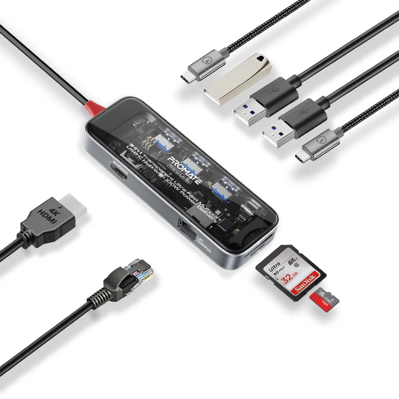 PROMATE 9-in-1 Transparent USB-C Hub - USB-C / HDMI / USB 3.0