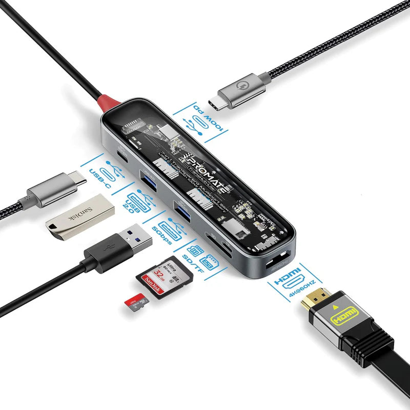 PROMATE 7-in-1 Transparent USB-C Hub - USB-C / HDMI / USB 3.0