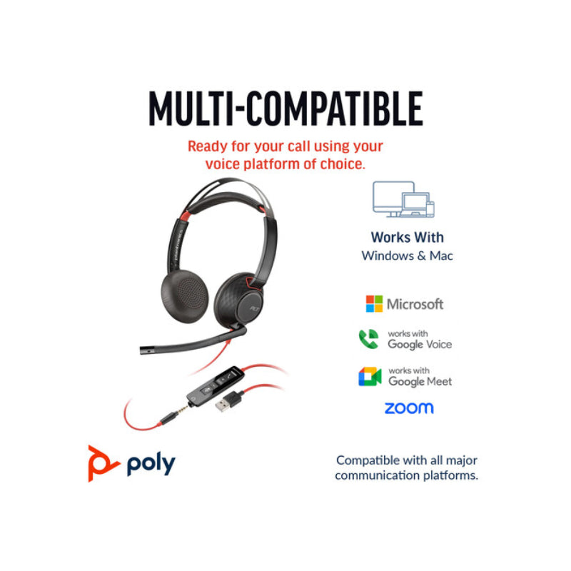 HP Poly Blackwire 5220 Stereo USB-C Headset - On-Ear / 3.5mm / USB-C/A Adapter / 2YW