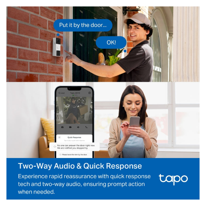 TP-Link Tapo D210 Tapo Video Doorbell Camera - 2K 3MP / Up to 15fps / Two-Way / AI Detection / Night Vision