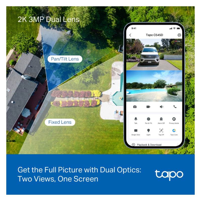 TP-Link Tapo C545D Outdoor Dual Lens Pan/Tilt Security Camera - 2K 3MP / Up to 15fps / Two-Way / AI Detection / Night Vision