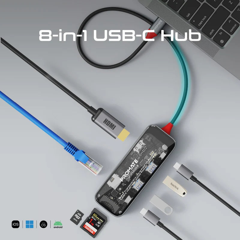 PROMATE 8-in-1 Transparent USB-C Hub - USB-C / HDMI / USB 3.0