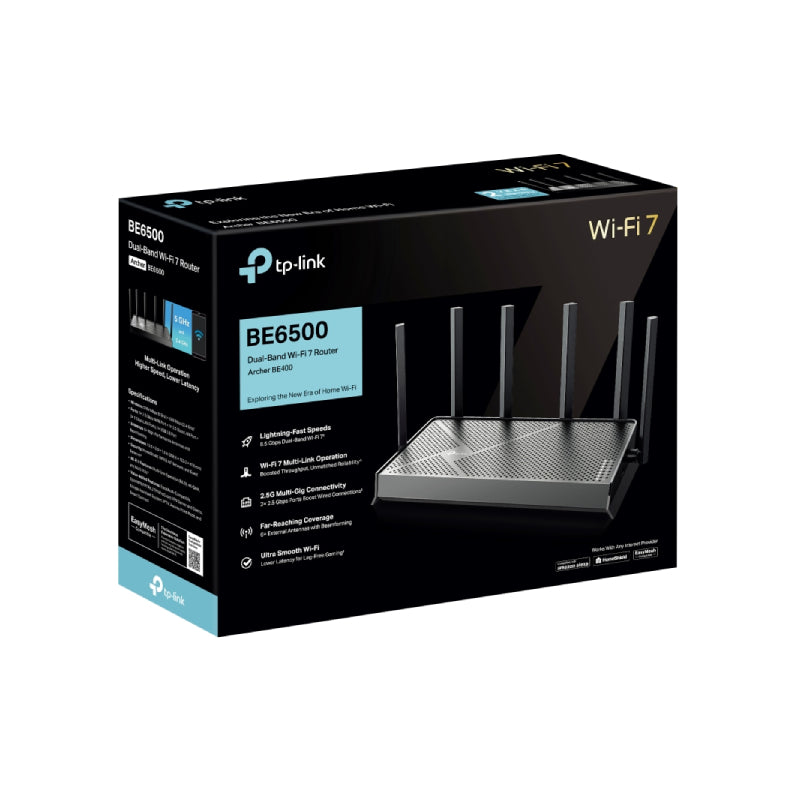 TP-Link (Archer BE400) BE6500 Dual-Band Wi-Fi 7 Router - 6.5 Gbps Dual-Band / 2.5G Wired / Black