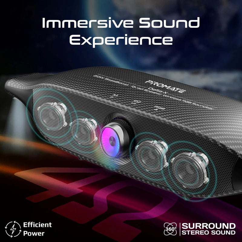 PROMATE Delta-X 20W Bass Boost Quad Speaker Wireless RGB Soundbar - Up to 20M / 6400mAh / Black