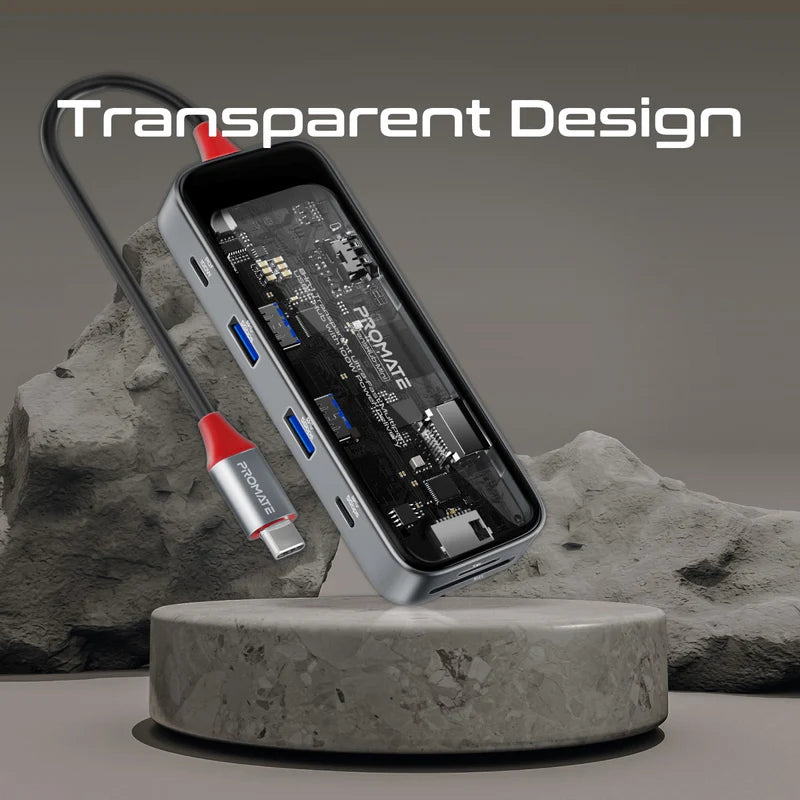 PROMATE 8-in-1 Transparent USB-C Hub - USB-C / HDMI / USB 3.0