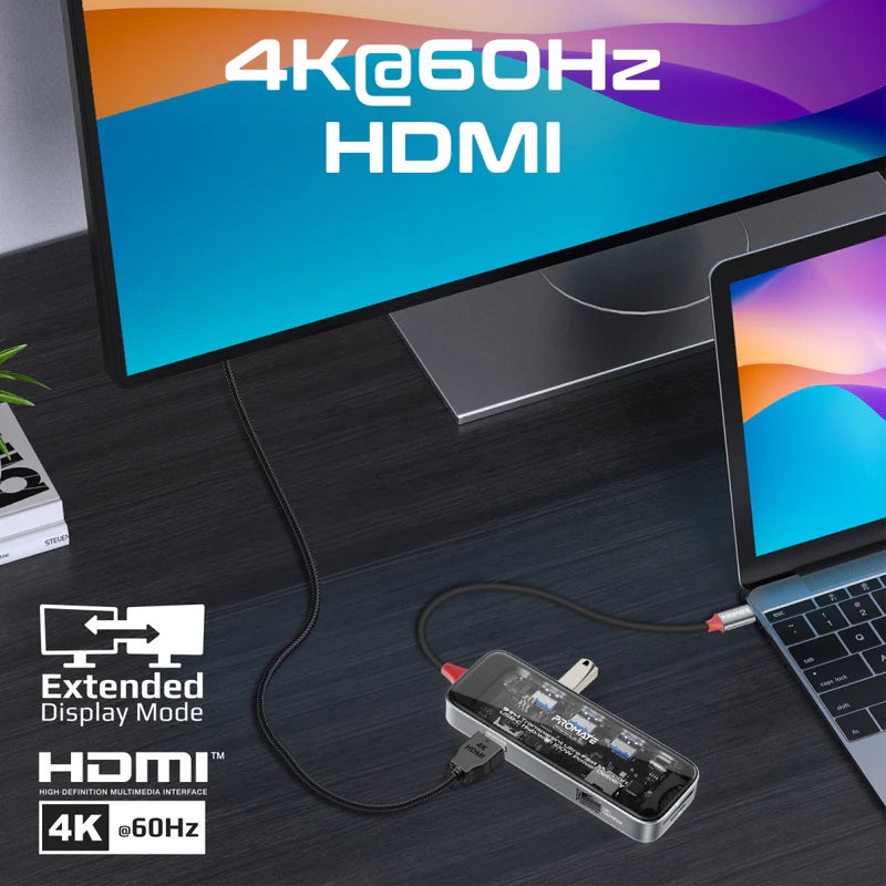 PROMATE 9-in-1 Transparent USB-C Hub - USB-C / HDMI / USB 3.0