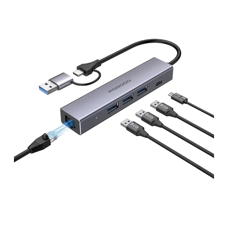 Porodo 5-IN-1 Multi-Port Hub PD Charging & 5Gbps Transfer Rate - Gray