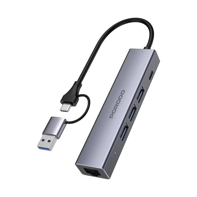 Porodo 5-IN-1 Multi-Port Hub PD Charging & 5Gbps Transfer Rate - Gray