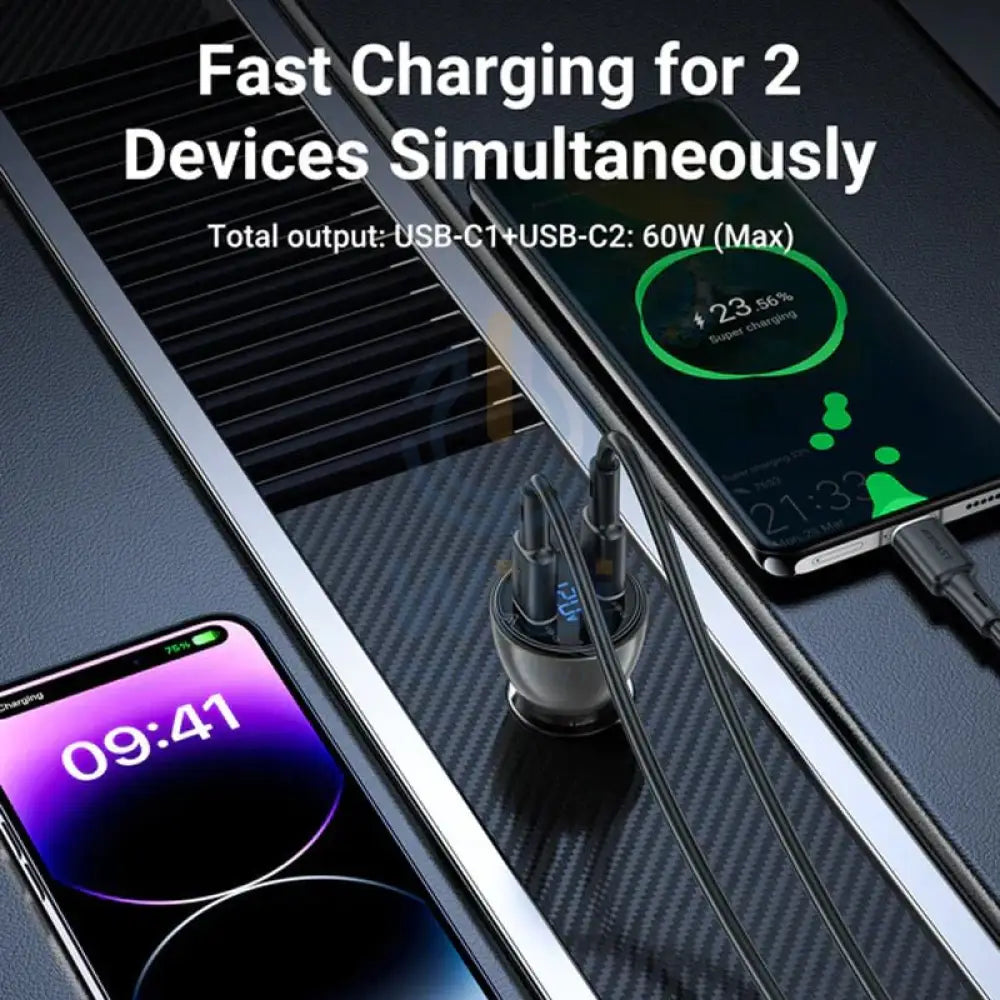 ACEFAST B10 metal car charger 60W (USB-C + USB-C) with digital display - Black Accessories > Power Adapters