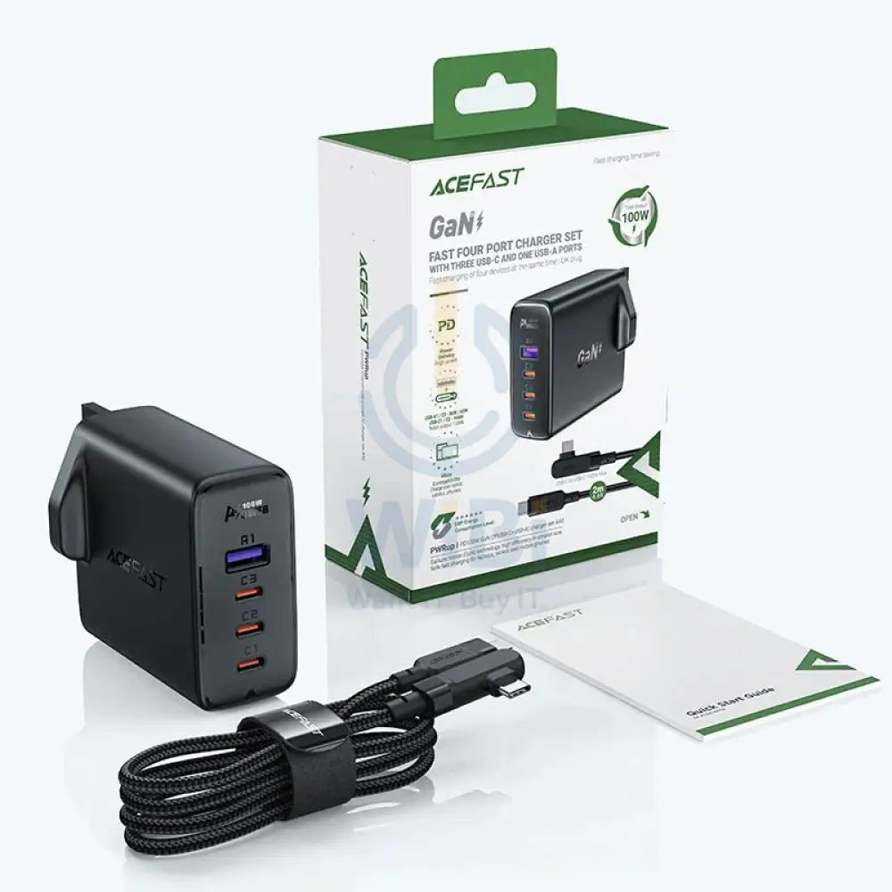 ACEFAST Fast Charge Wall Charger A40 PD100W GaN (3*USB-C + USB-A) charger set (UK) - Black Accessories > Power Adapters