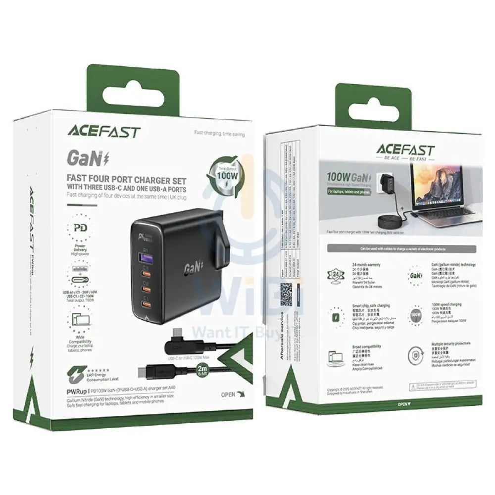 ACEFAST Fast Charge Wall Charger A40 PD100W GaN (3*USB-C + USB-A) charger set (UK) - Black Accessories > Power Adapters