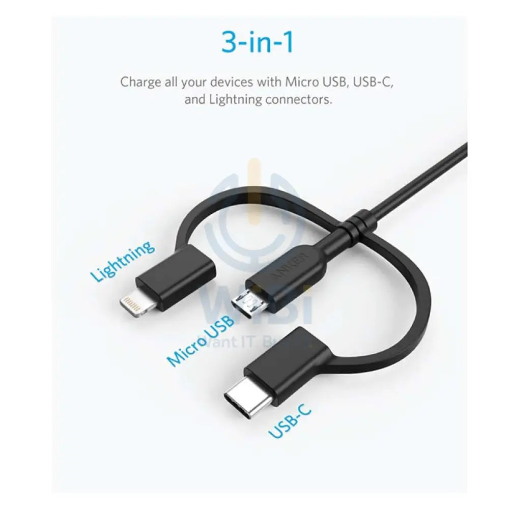 Anker Powerline II 3-in-1 Cable - Lightning / Type C / Micro USB Cable / 0.9 Meter / Black